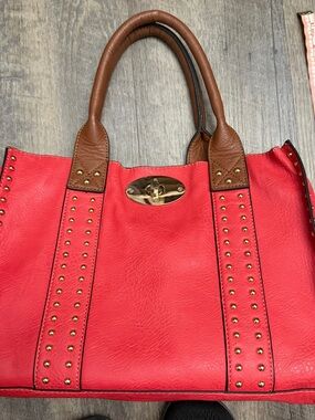 Black Rivet Red Tote with Brown Handles and Gold Hardware